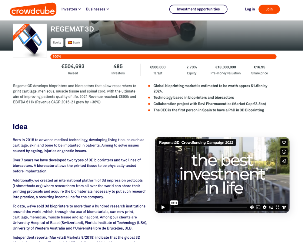 Showcase of the hero section of the landing page made for a crowdfounding participation for Regemat 3D.