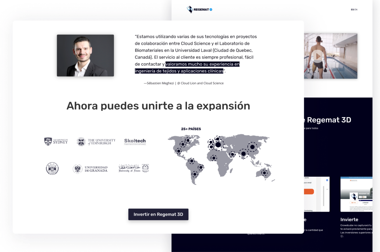 Screenshot of the landing page for the crowdfounding round made for Regemat 3D.